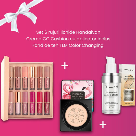 Set 12 rujuri lichide Handaiyan + Crema CC Cushion cu aplicator inclus + Fond de ten TLM Color Changing
